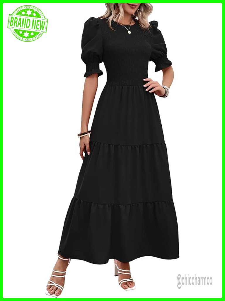 Women's Casual Boho Maxi Dress With Puff Sleeves And Smocked Top